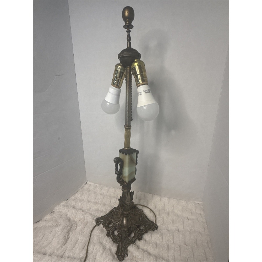 Antique Art Deco Double Socket Slag Glass Table Lamp Akro Agate Custard Uranium